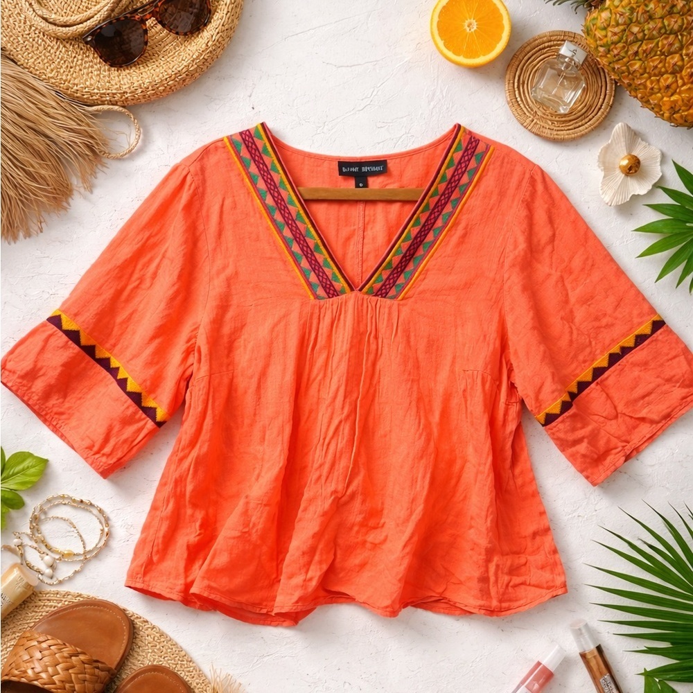 Lane Bryant Boho Peasant Top Orange Embroidered Cotton Blouse Size 20 Festival